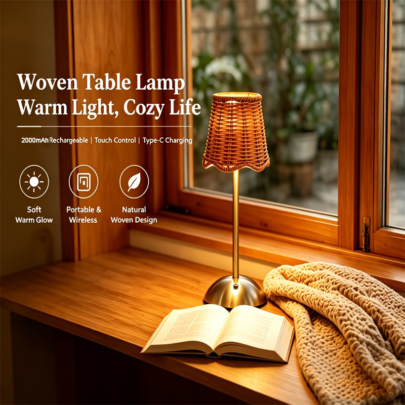 Lighting Decor Home - ボヘミアンスタイルの編み込みラタンアートテーブルランプ、3段階調光、タッチコントロール、USB、金属製、寝室、リビングルーム、書斎、ダイニングルーム照明、家族や友人へのギフト