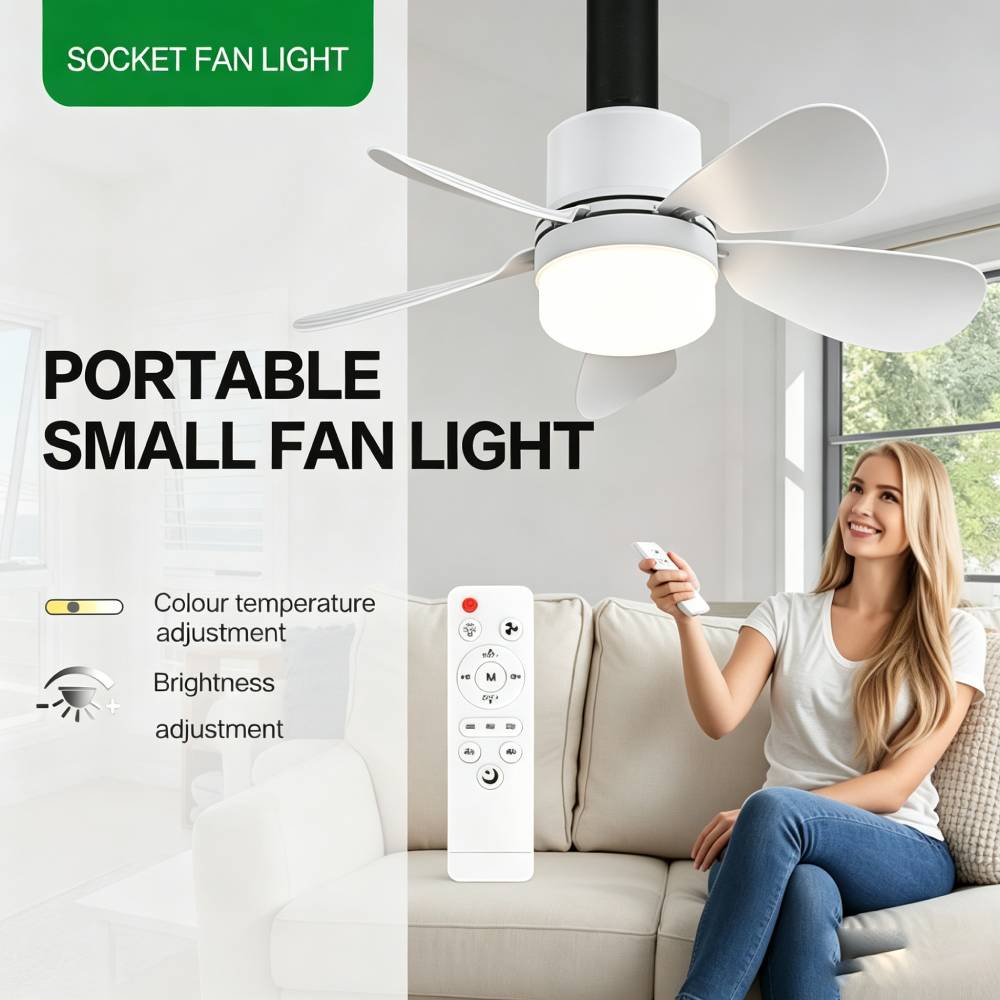 Lighting Decor Home - リモコン付きソケットファンライト、LED付き小型シーリングファン、E26/E27+B22コードレスライトスクリューファン（キッチン、寝室、小部屋用）