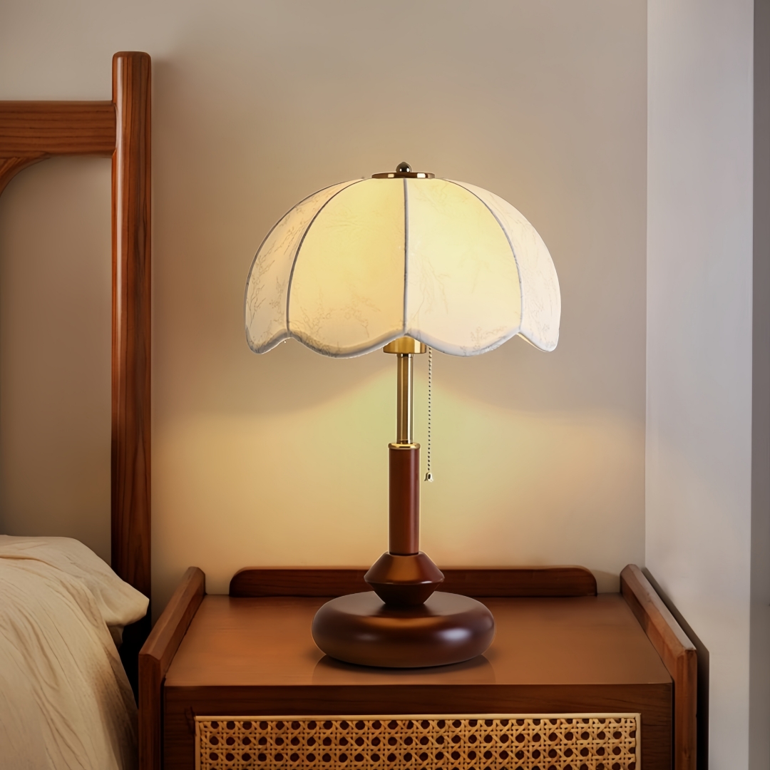 Lighting Decor Home - ヴィンテージスカラップドームテーブルランプ寝室ナイトスタンド書斎玄関用プルチェーンレトロ暖かいクラシックホームアクセント装飾照明
