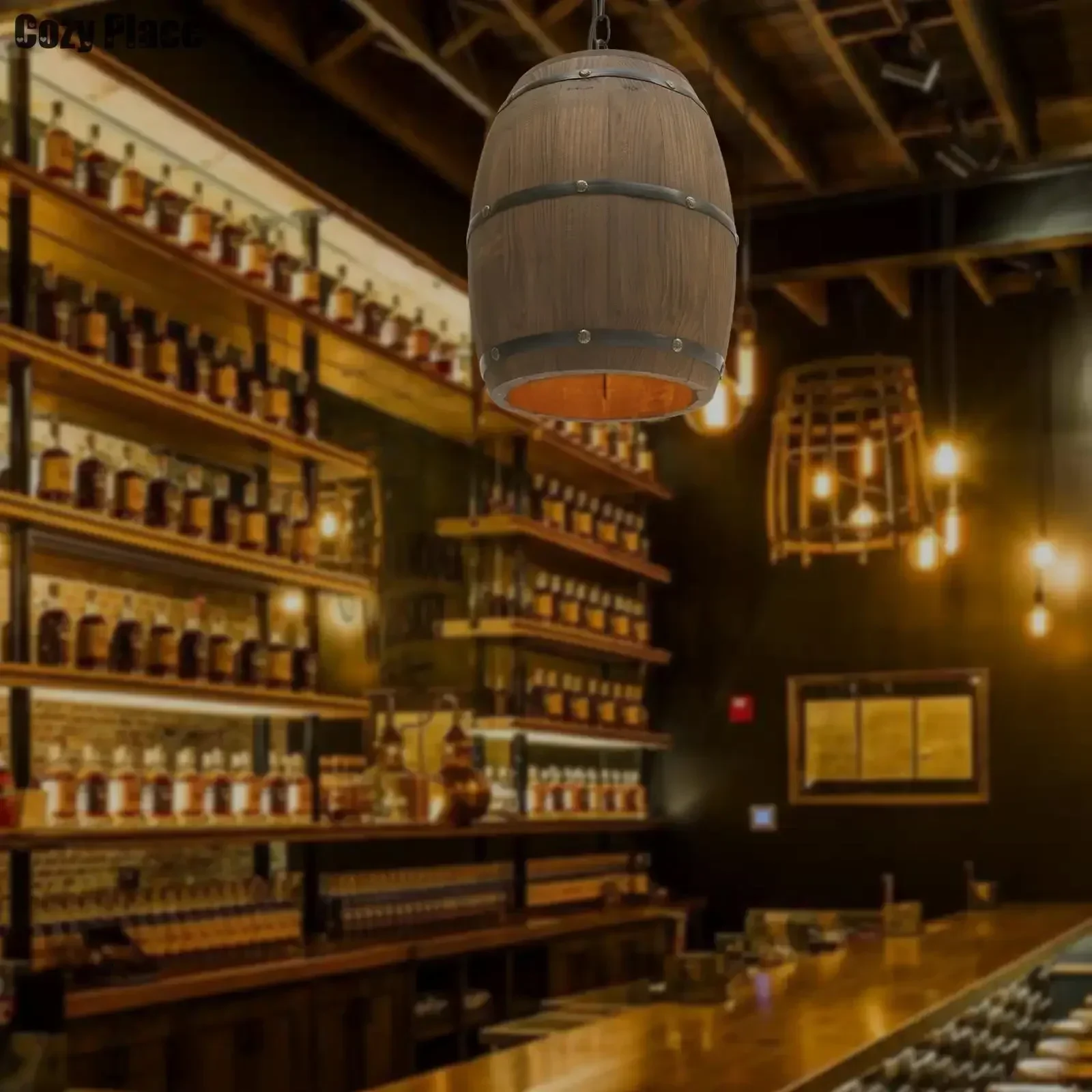 Lighting Decor Home - 素朴なランプヴィンテージシャンデリア木製ペンダントライトワイン樽吊り下げランプ家の装飾リビングルームバーカフェ照明E26