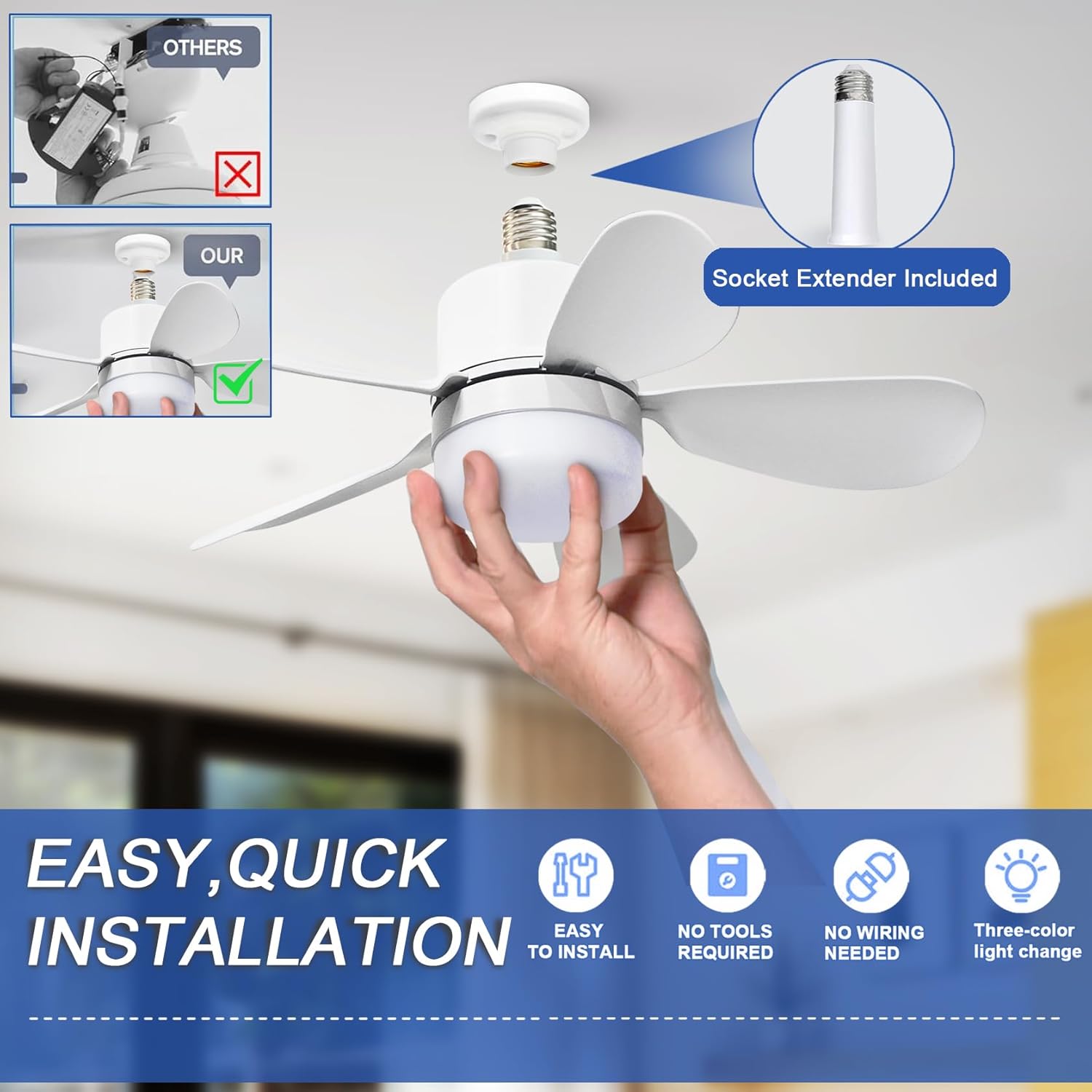 リモコン付きソケットファンライト、LED付き小型シーリングフ - Lighting Decor Home のレビューと価格