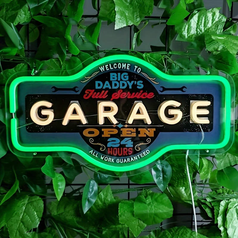 レトロガレージLEDネオンサインUVプリントグリーンウォール - Garage Lighting Decor のレビューと価格