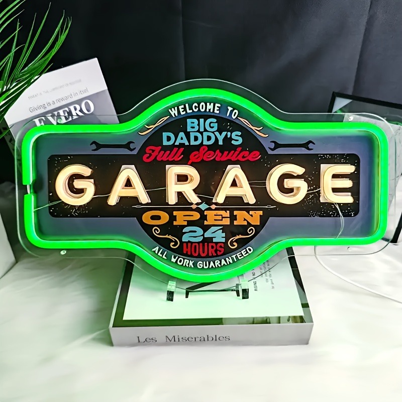 レトロガレージLEDネオンサインUVプリントグリーンウォール - Garage Lighting Decor のレビューと価格