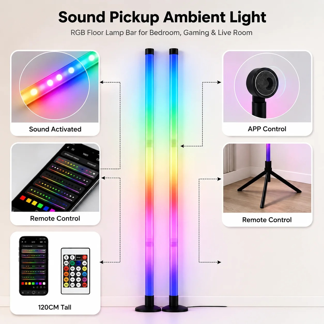 2個セット 120CM RGBフロアランプ、音に反応するLE - Lighting Decor Home のレビューと価格